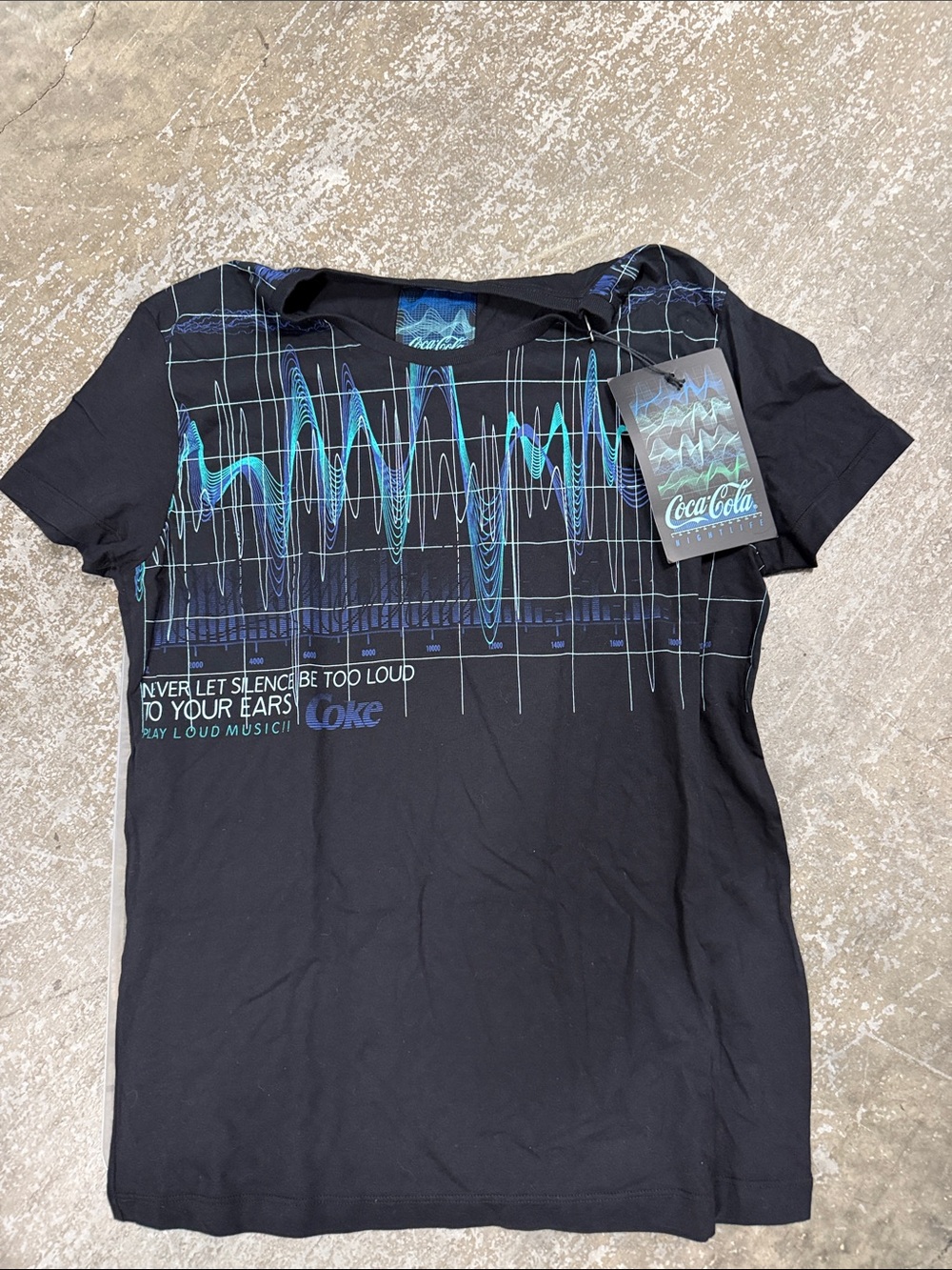 Coca Cola Black T-Shirt with Blue & Teal Wave Graphic